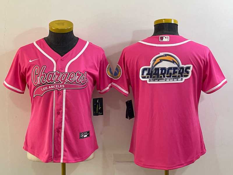 Women%27s Los Angeles Chargers Pink Team Big Logo With Patch Cool Base Stitched Baseball Jersey->women nfl jersey->Women Jersey